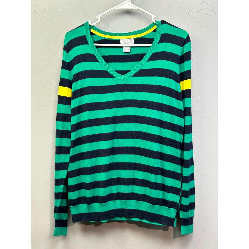 JCP Sweater Womens XL Green Navy‎ Blue Striped Cashmere Blend V-Neck Preppy